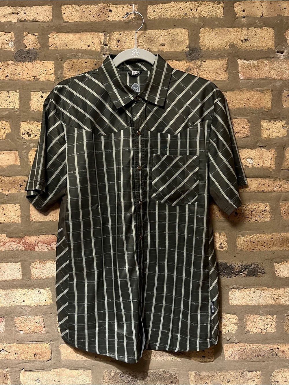 Men's Short-Sleeve Olive Green Striped Button-Up Cycling Shirt